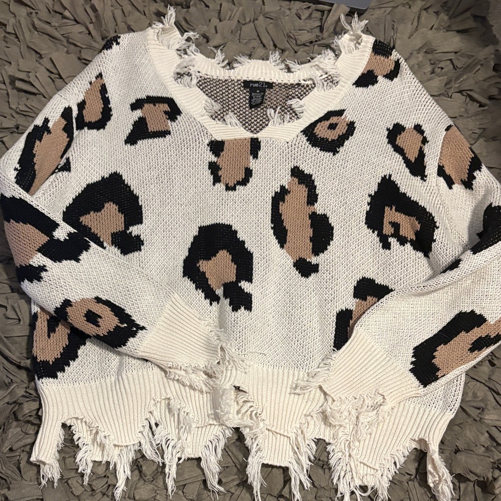 Rue21 Cream and Black Leopard Print Distressed Sweater